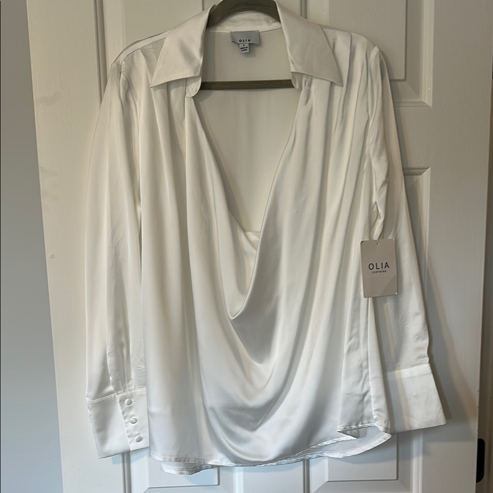 New with tags White Draped Blouse with Notched Collar and Long Sleeves by Olia